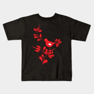 Spring bird and flower in red illustration Kids T-Shirt